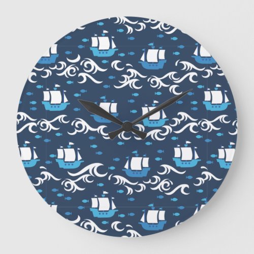 Blue Ship Voyage in the Sea Pattern II Large Clock