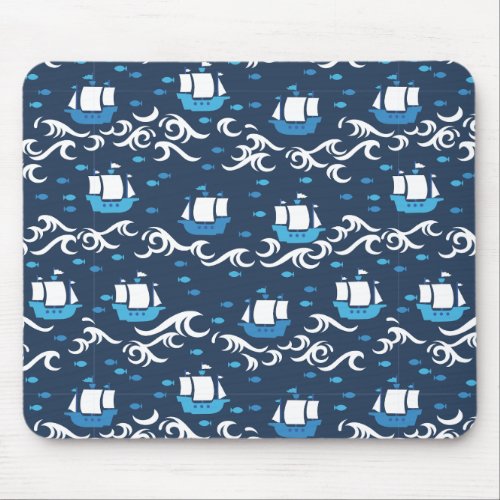Blue Ship Voyage in the Sea Pattern II Mouse Pad