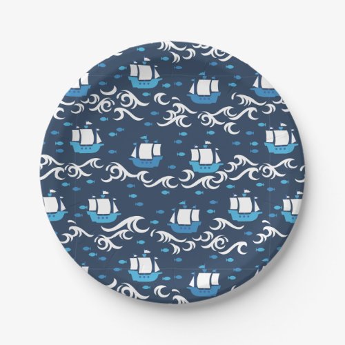 Blue Ship Voyage in the Sea Pattern II Paper Plates