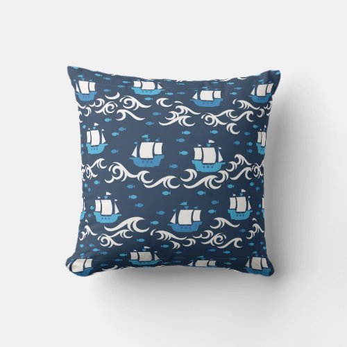 Blue Ship Voyage in the Sea Pattern II Throw Pillow