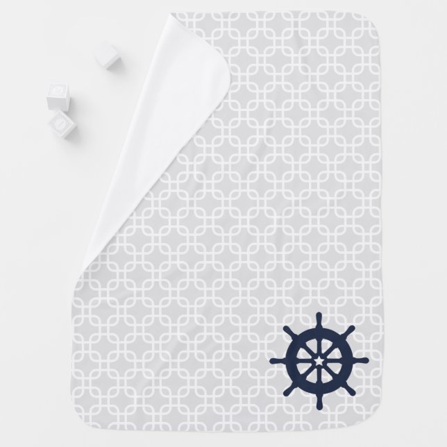 Blue Ship Wheel Nautical Nursery Baby Blanket (In Situ)