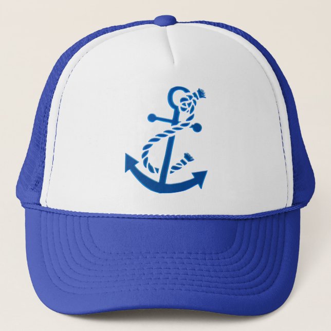Blue Ship's Anchor Nautical Marine Themed Trucker Hat (Front)