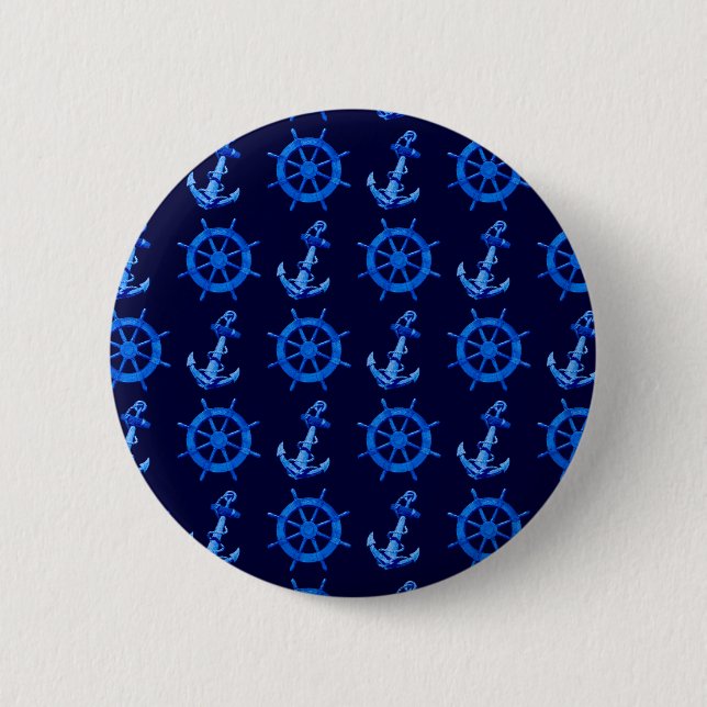 Blue Ships Wheel And Anchor Pinback Button (Front)