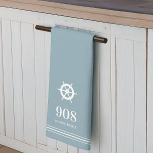 Blue Ships Wheel House Number & Street Name Kitchen Towel