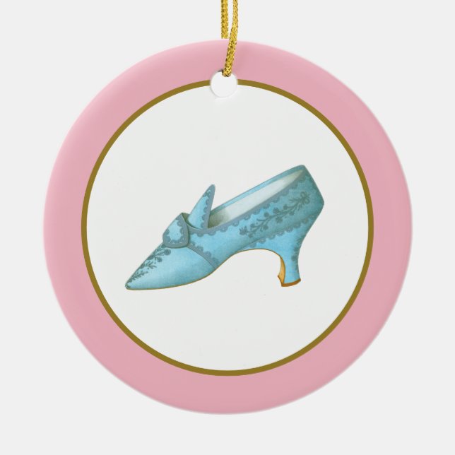 Blue Shoe with Pink and Gold Border Ceramic Ornament (Front)