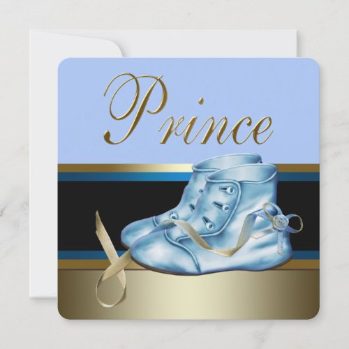 Blue Shoes Black Gold Crown Prince Baby Shower Invitation