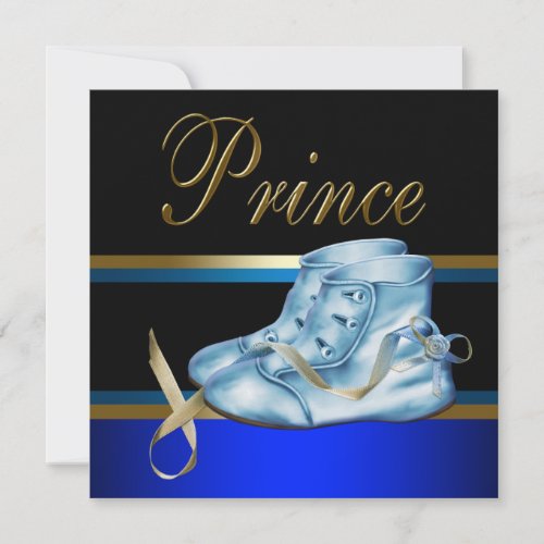 Blue Shoes Black Gold Crown Prince Baby Shower Invitation