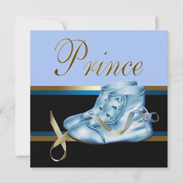 Blue Shoes Black Gold Crown Prince Baby Shower Invitation (Front)