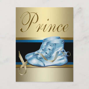 Blue Shoes Black Gold Crown Prince Baby Shower Invitation
