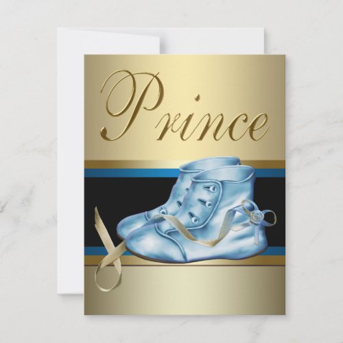 Blue Shoes Black Gold Crown Prince Baby Shower Invitation