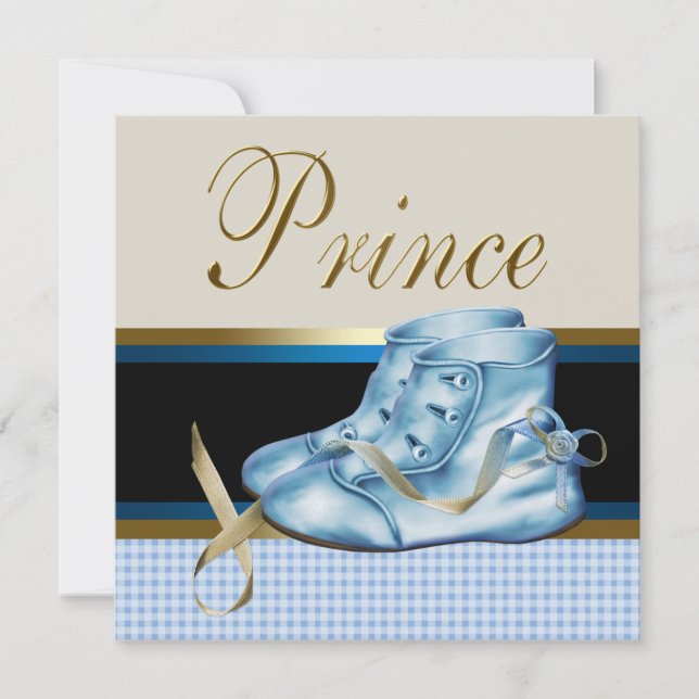 Blue Shoes Black Gold Crown Prince Baby Shower Invitation (Front)