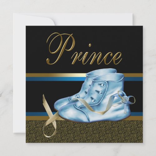 Blue Shoes Black Gold Prince Baby Shower Invitation