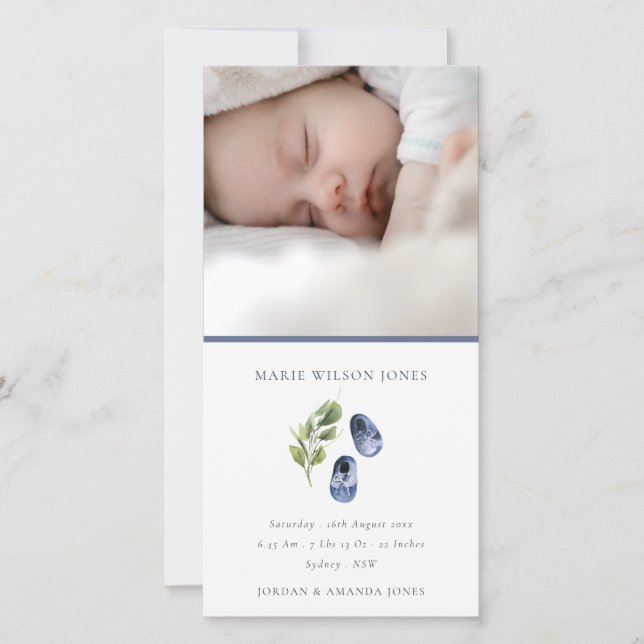 Blue Shoes Foliage Photo Baby Birth Announcement (Front)