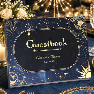 Blue shooting star Celestial sun and moon wedding Guest Book