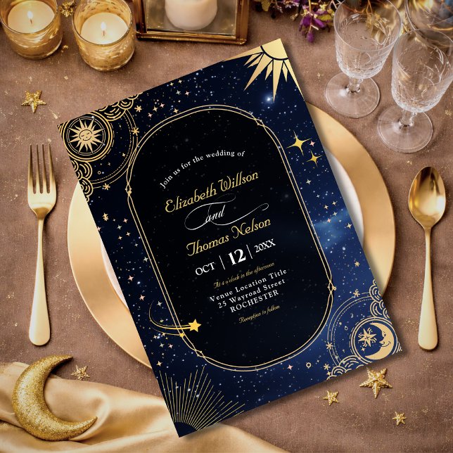 Blue shooting star Celestial sun and moon wedding Invitation (Creator Uploaded)