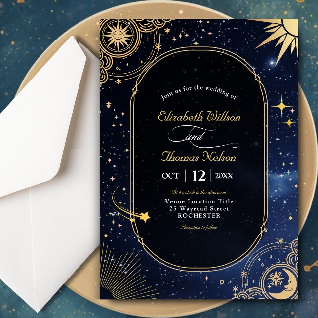 Blue shooting star Celestial sun and moon wedding Invitation (Creator Uploaded)