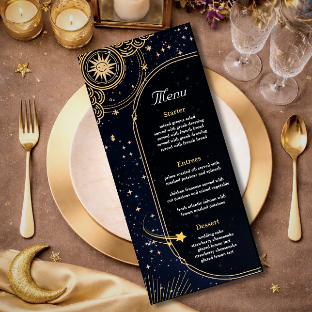 Blue shooting star Celestial sun and moon wedding Menu (Creator Uploaded)