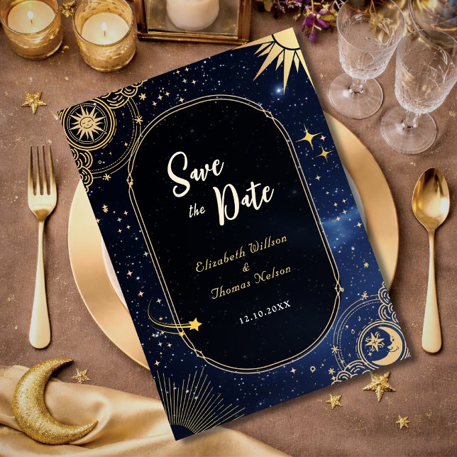 Blue shooting star Celestial sun and moon wedding Save The Date (Creator Uploaded)