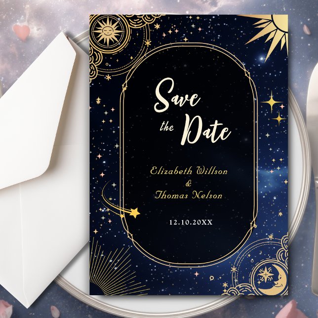 Blue shooting star Celestial sun and moon wedding Save The Date (Creator Uploaded)
