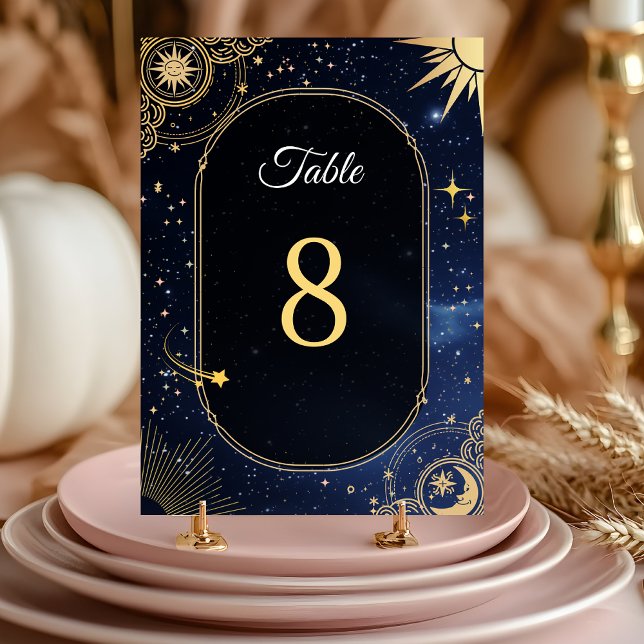 Blue shooting star Celestial sun and moon wedding Table Number (Creator Uploaded)