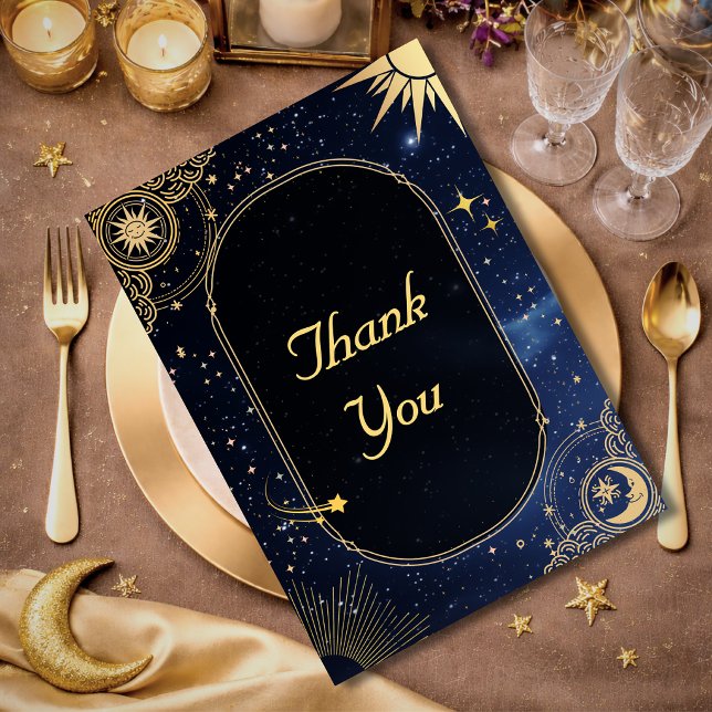 Blue shooting star Celestial sun and moon wedding Thank You Card (Creator Uploaded)