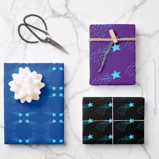 Blue Shooting Stars Wrapping Paper Sheets (Front)