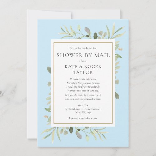 Blue Shower By Mail Long Distance Greenery Leaves Invitation