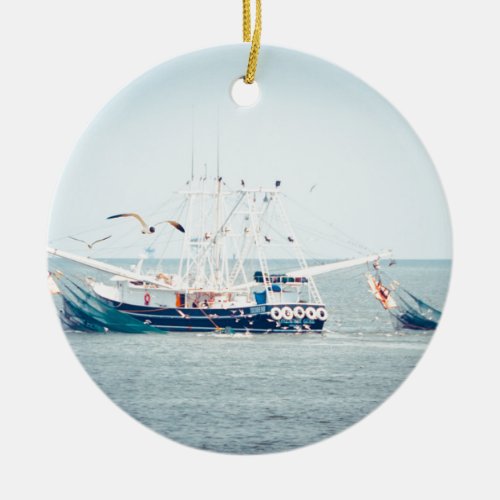 Blue Shrimp Boat on the Ocean Ceramic Ornament