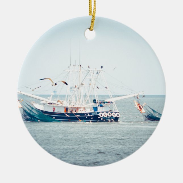 Blue Shrimp Boat on the Ocean Ceramic Ornament (Front)