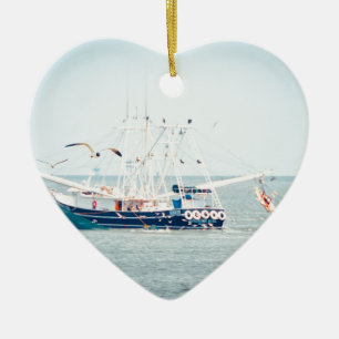 Blue Shrimp Boat on the Ocean Ceramic Ornament
