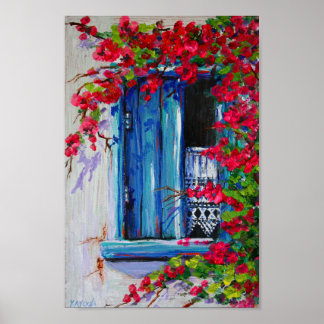 Blue shutters with Bougainvillea Poster