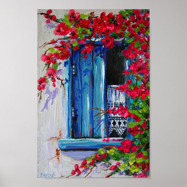 Blue shutters with Bougainvillea Poster (Front)