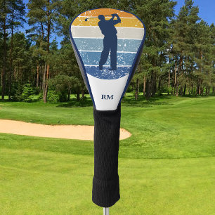 Blue Silhouette Golfer on Retro Stripe Golf Head Cover