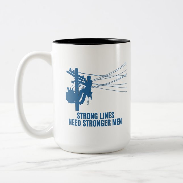 Blue Silhouette Lineman Pride Two-Tone Coffee Mug (Left)