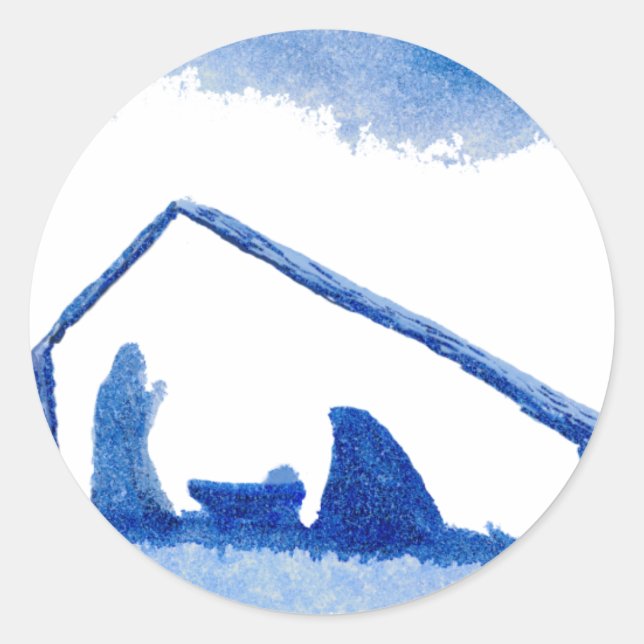 Blue Silhouette Nativity Scene Classic Round Sticker (Front)