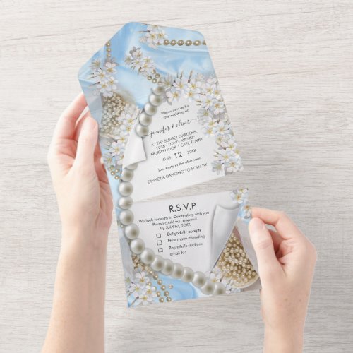 Blue Silk and Pearls All in One Wedding Invite
