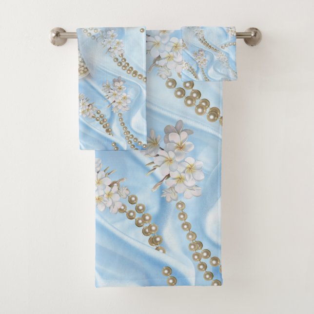 Blue Silk & Ivory Champaign Pearls Bath Towel Set (Insitu)