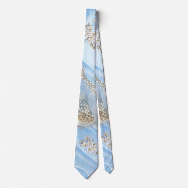 Blue Silk & Ivory Champaign Pearls Neck Tie (Front)