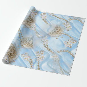 Blue Silk & Ivory Champaign Pearls Wrapping Paper