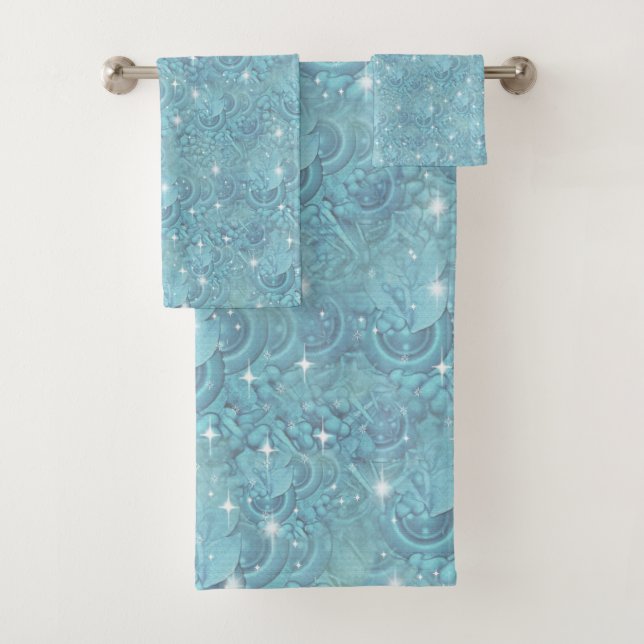 Blue silky repeat pattern & white sparkles bath towel set (Insitu)