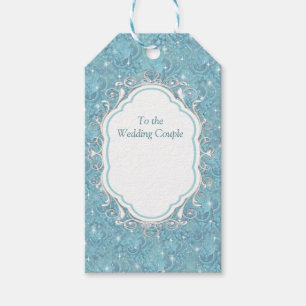 Blue silky repeat pattern & white sparkles gift tags