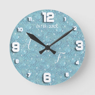 Blue silky repeat pattern & white sparkles round clock