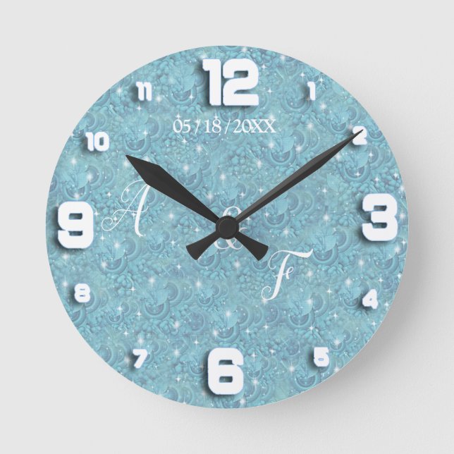 Blue silky repeat pattern & white sparkles round clock (Front)