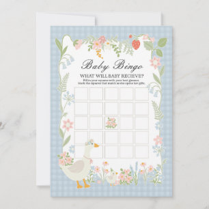 Blue Silly Goose Floral Gingham Baby Bingo Game Invitation