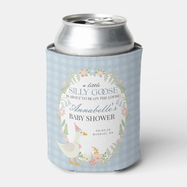 Blue Silly Goose Floral Gingham Baby Shower Favor Can Cooler (Can Front)