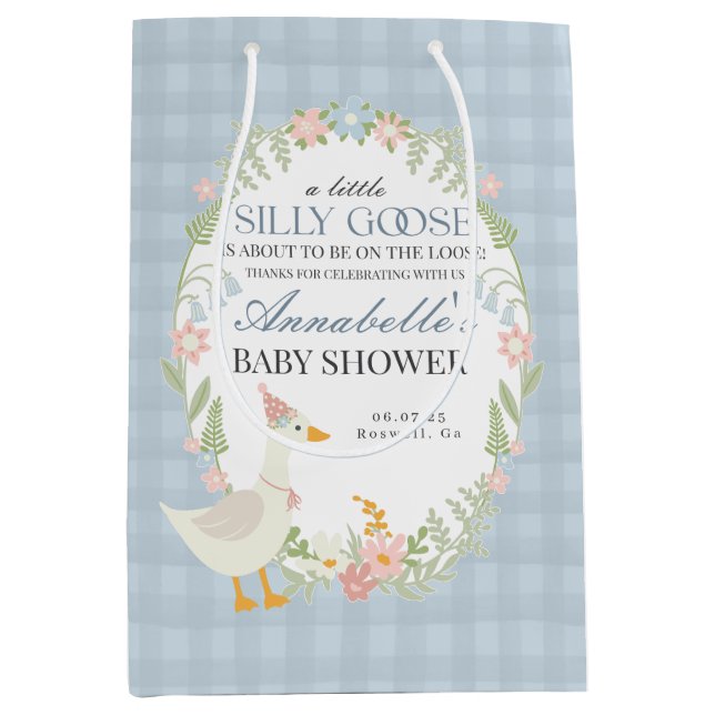 Blue Silly Goose Floral Gingham Baby Shower Favor Medium Gift Bag (Front)
