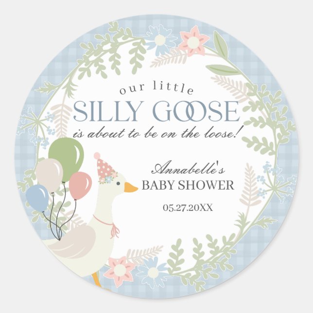 Blue Silly Goose Floral Gingham Baby Shower Favors Classic Round Sticker (Front)