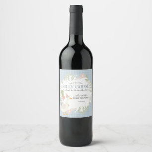 Blue Silly Goose Floral Gingham Baby Shower Favors Wine Label