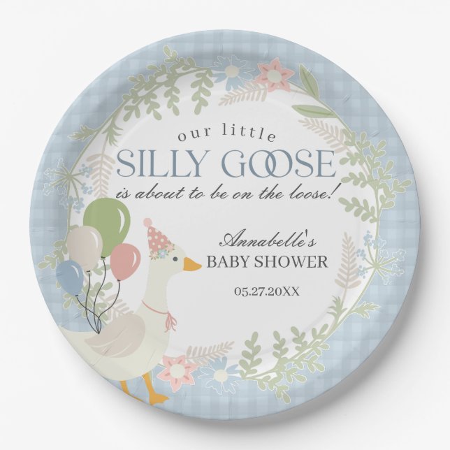 Blue Silly Goose Floral Gingham Baby Shower Paper Plates (Front)