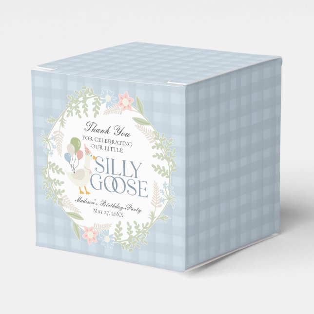 Blue Silly Goose Floral Gingham Birthday Favor Boxes (Front Side)